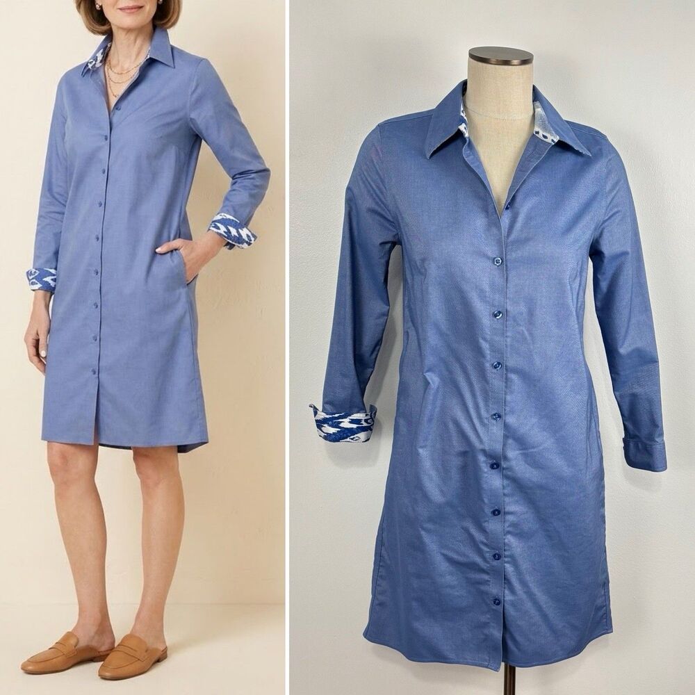 Chicos No-Iron Chic Stretch Shirt Dress Womens 00 XS Blue Printed Trim Pockets